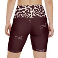 Maroon Cow Print Waistband Women's Workout Shorts — Subtle Bow Accent Activewear