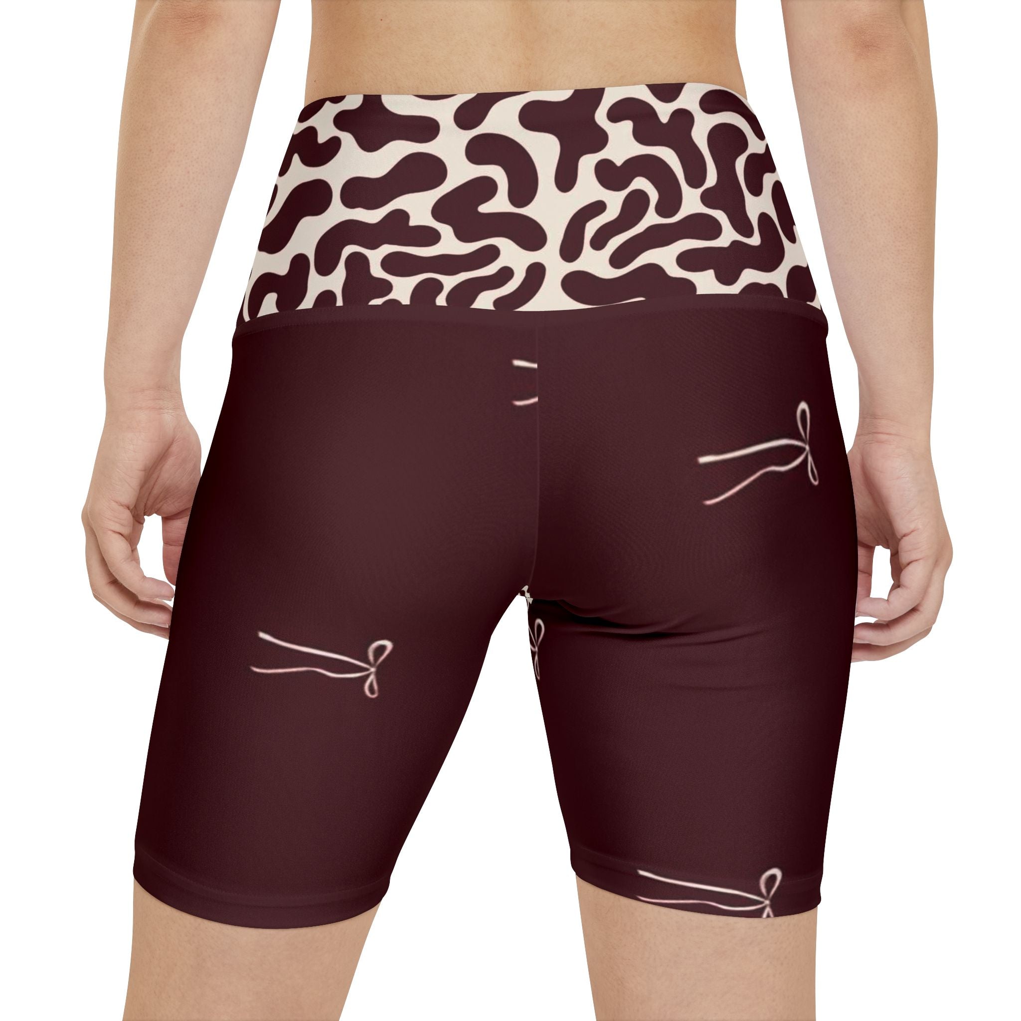 Maroon Cow Print Waistband Women's Workout Shorts — Subtle Bow Accent Activewear