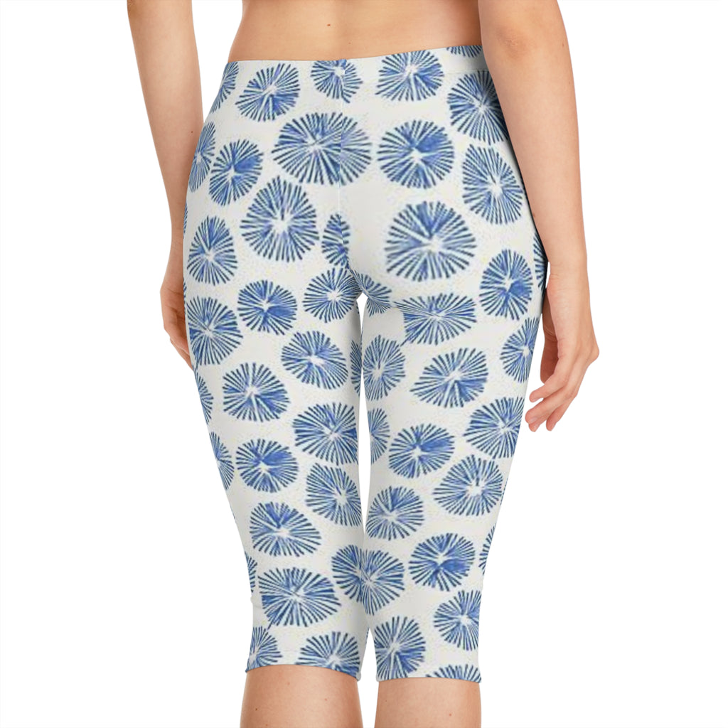 Blue Watercolor Floral Capri Leggings