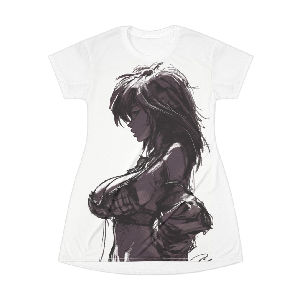 Anime Warrior T‑Shirt Dress — Monochrome Female Fighter Illustration