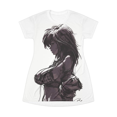 Anime Warrior T‑Shirt Dress — Monochrome Female Fighter Illustration