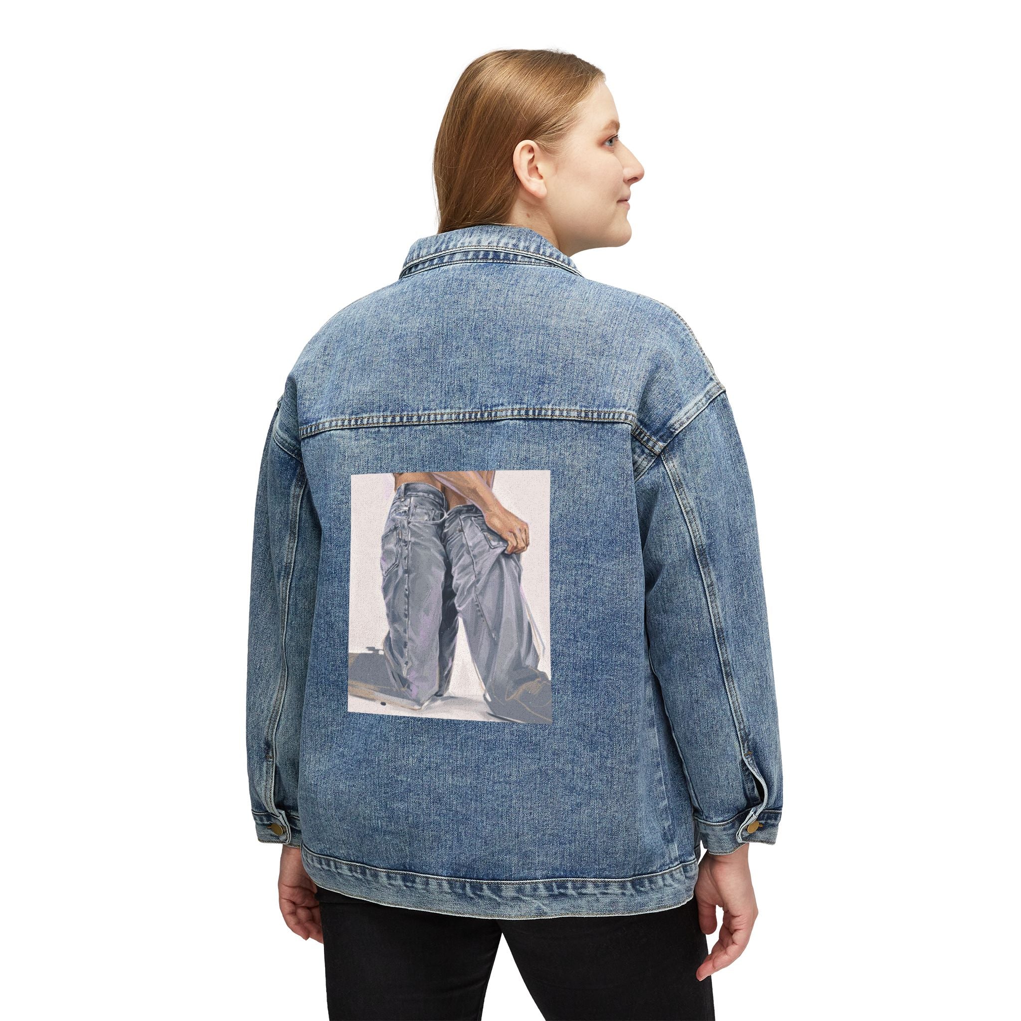 Women's Denim Jacket with Retro Ripped Jeans Back Print - Casual Vintage Streetwear