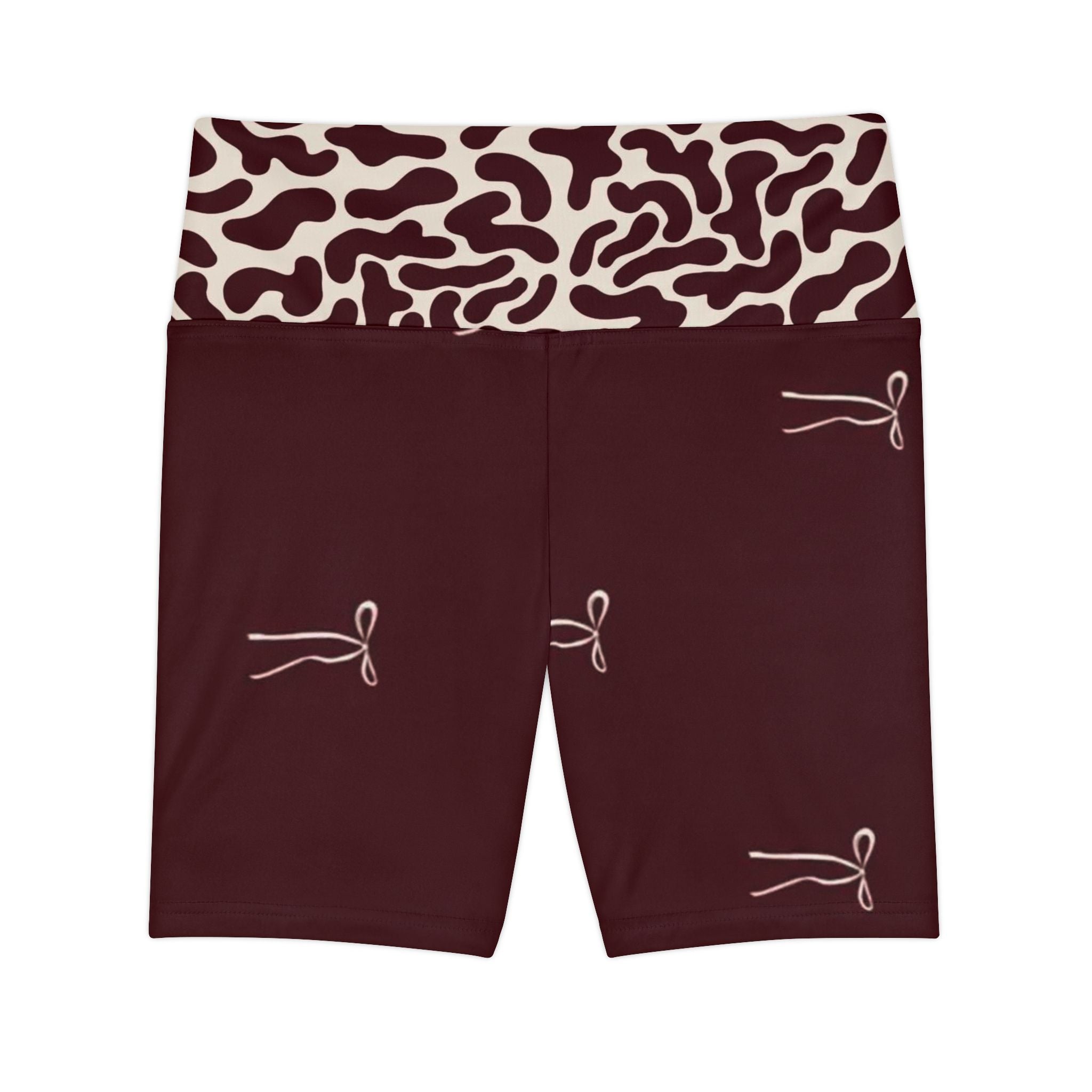 Maroon Cow Print Waistband Women's Workout Shorts — Subtle Bow Accent Activewear