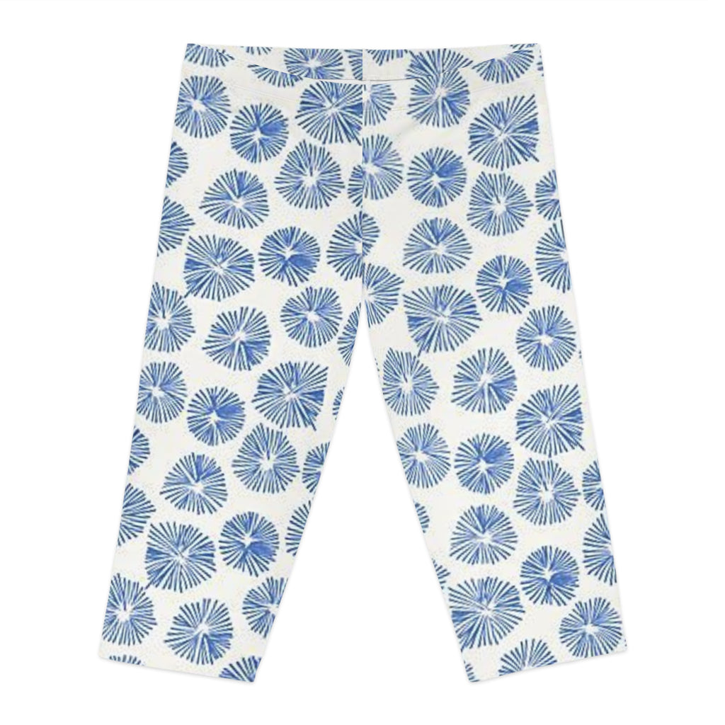 Blue Watercolor Floral Capri Leggings