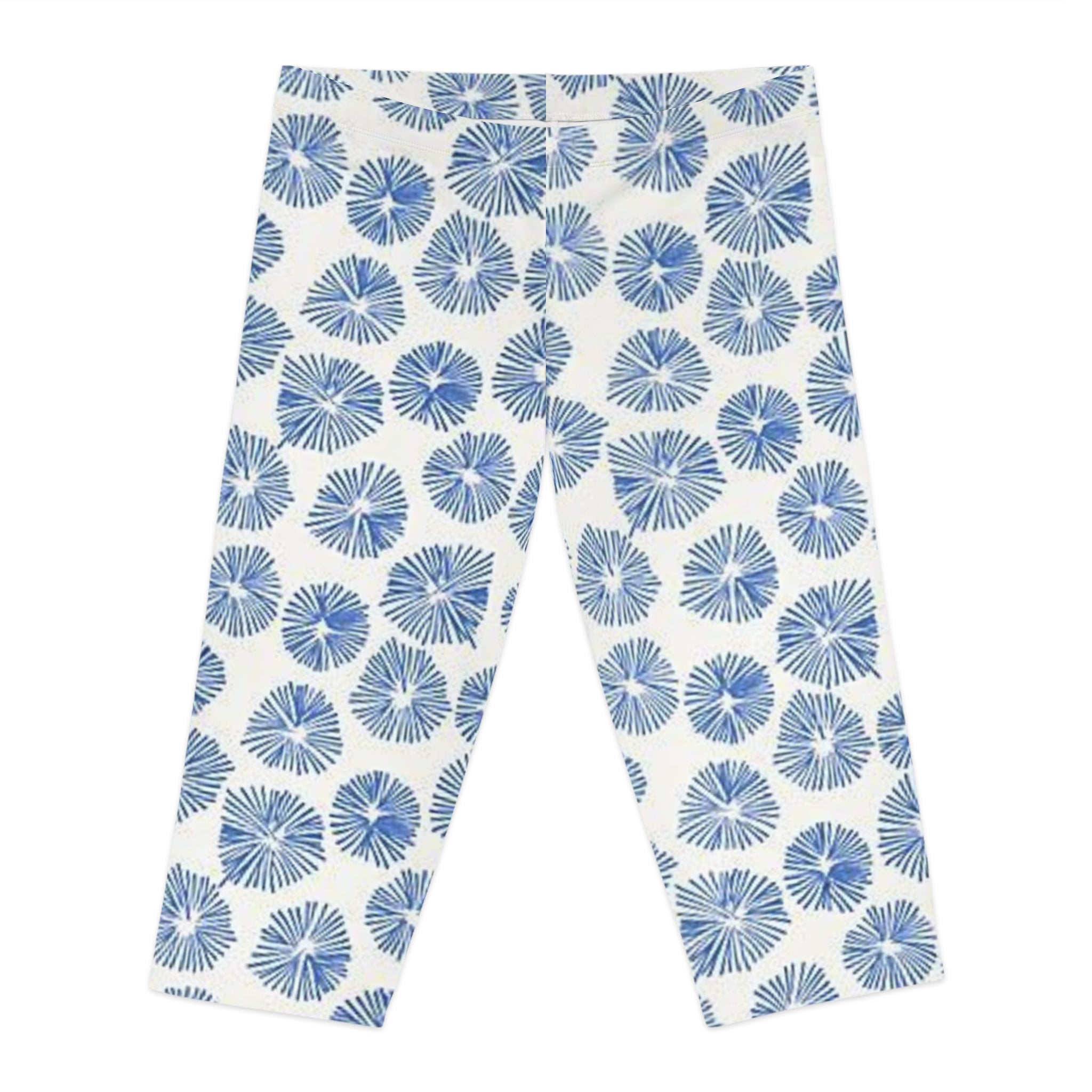 Blue Watercolor Floral Capri Leggings