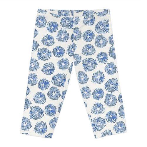 Blue Watercolor Floral Capri Leggings