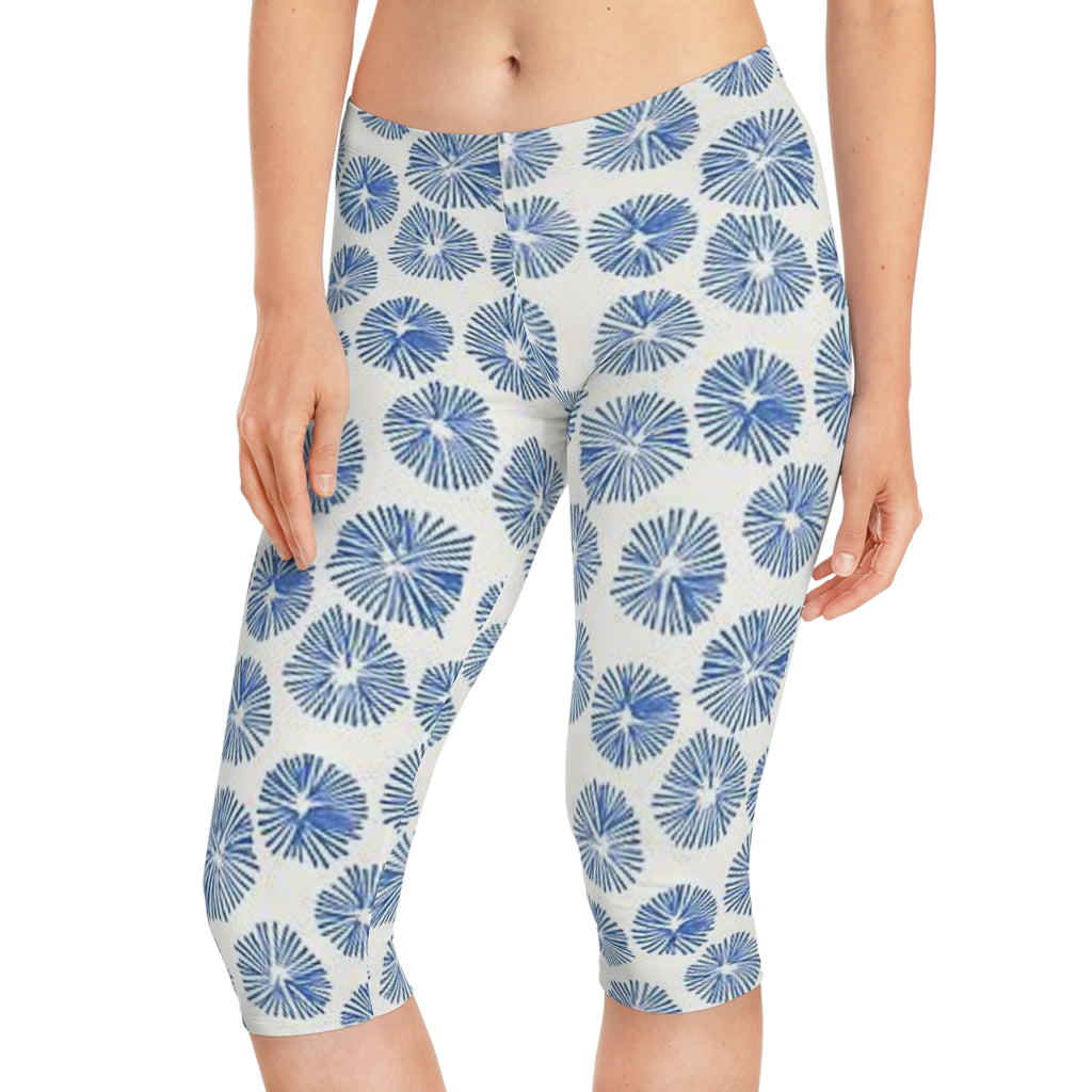Blue Watercolor Floral Capri Leggings