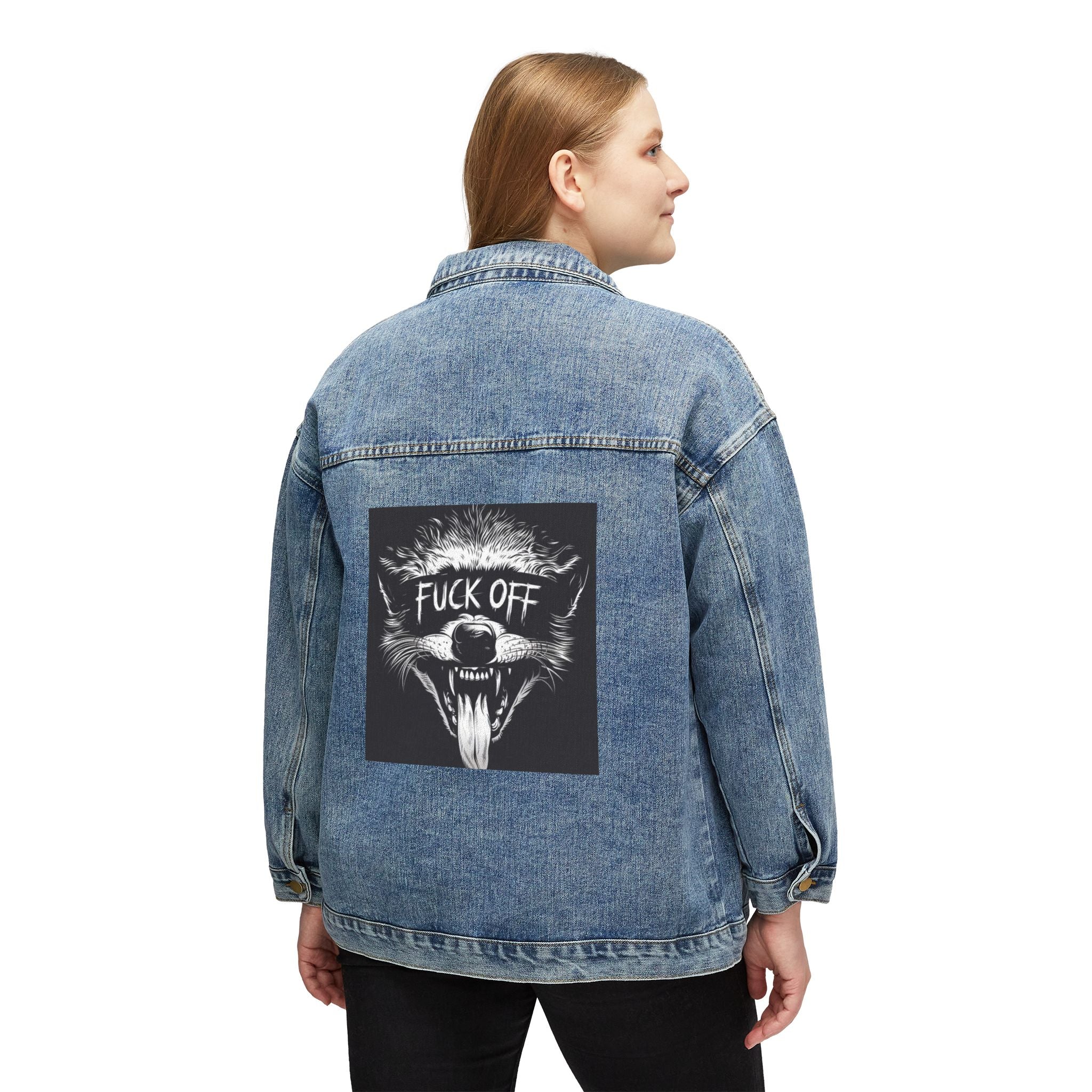 Women's Denim Jacket — Graphic 'Fuck Off' Wolf Back Patch