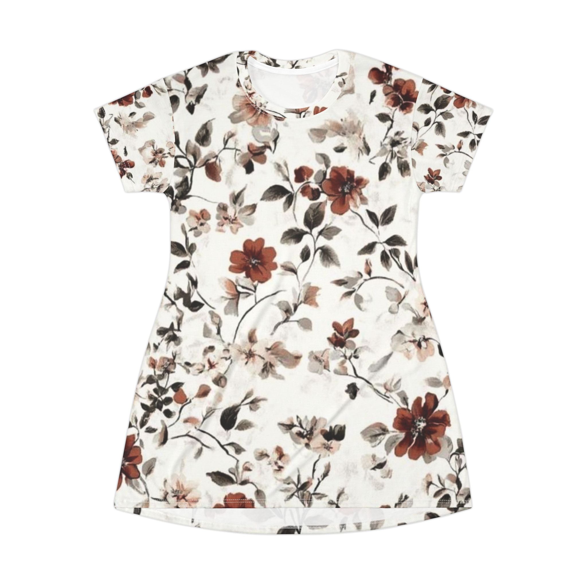 Floral T-Shirt Dress — Vintage Rust Blossom All-Over Print