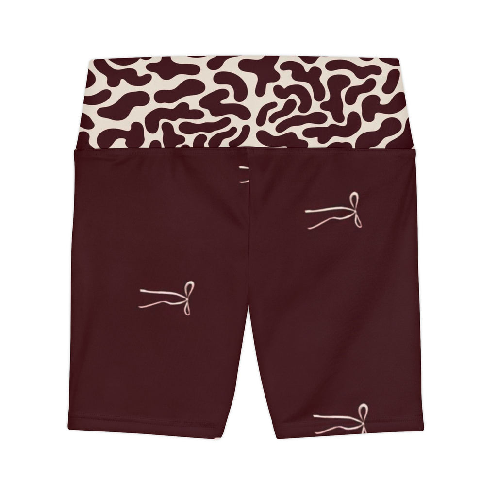 Maroon Cow Print Waistband Women's Workout Shorts — Subtle Bow Accent Activewear