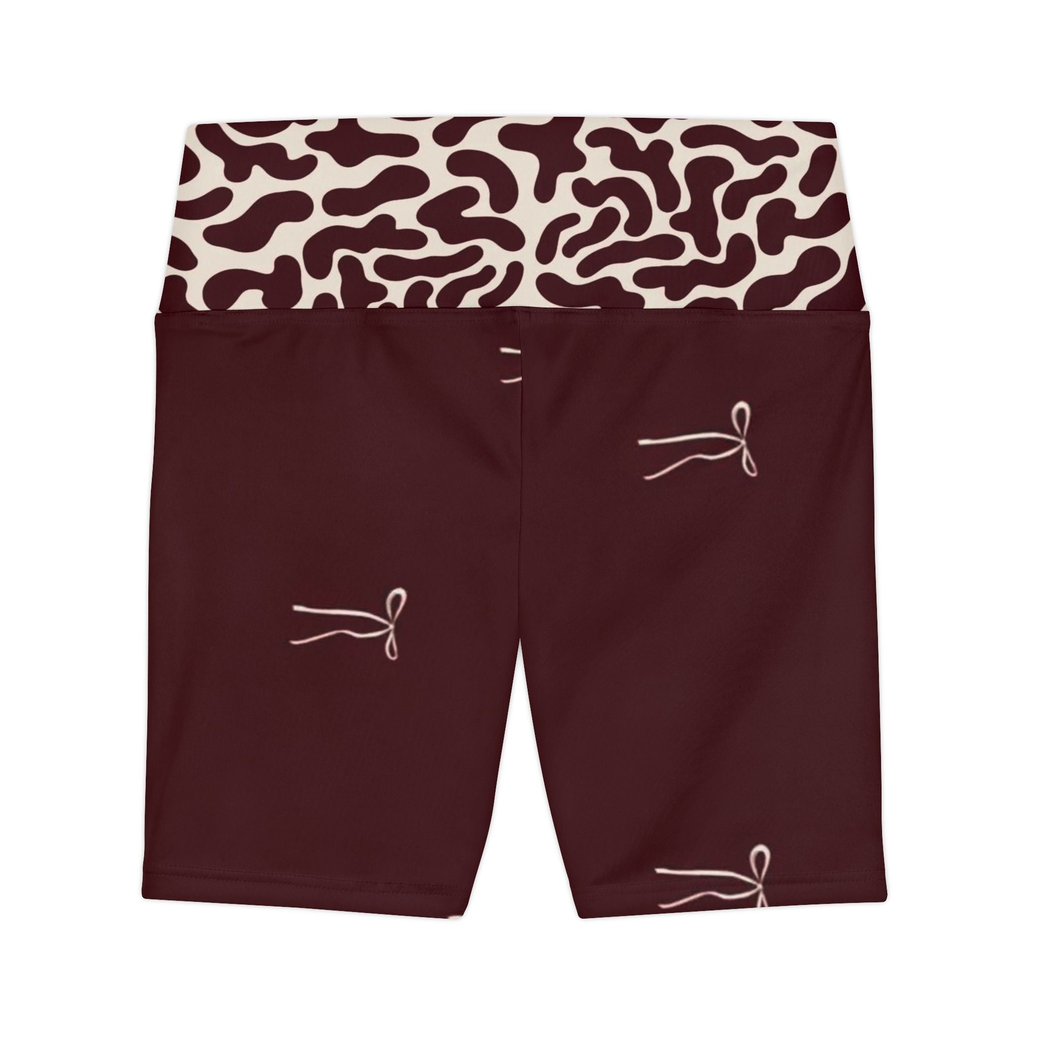 Maroon Cow Print Waistband Women's Workout Shorts — Subtle Bow Accent Activewear