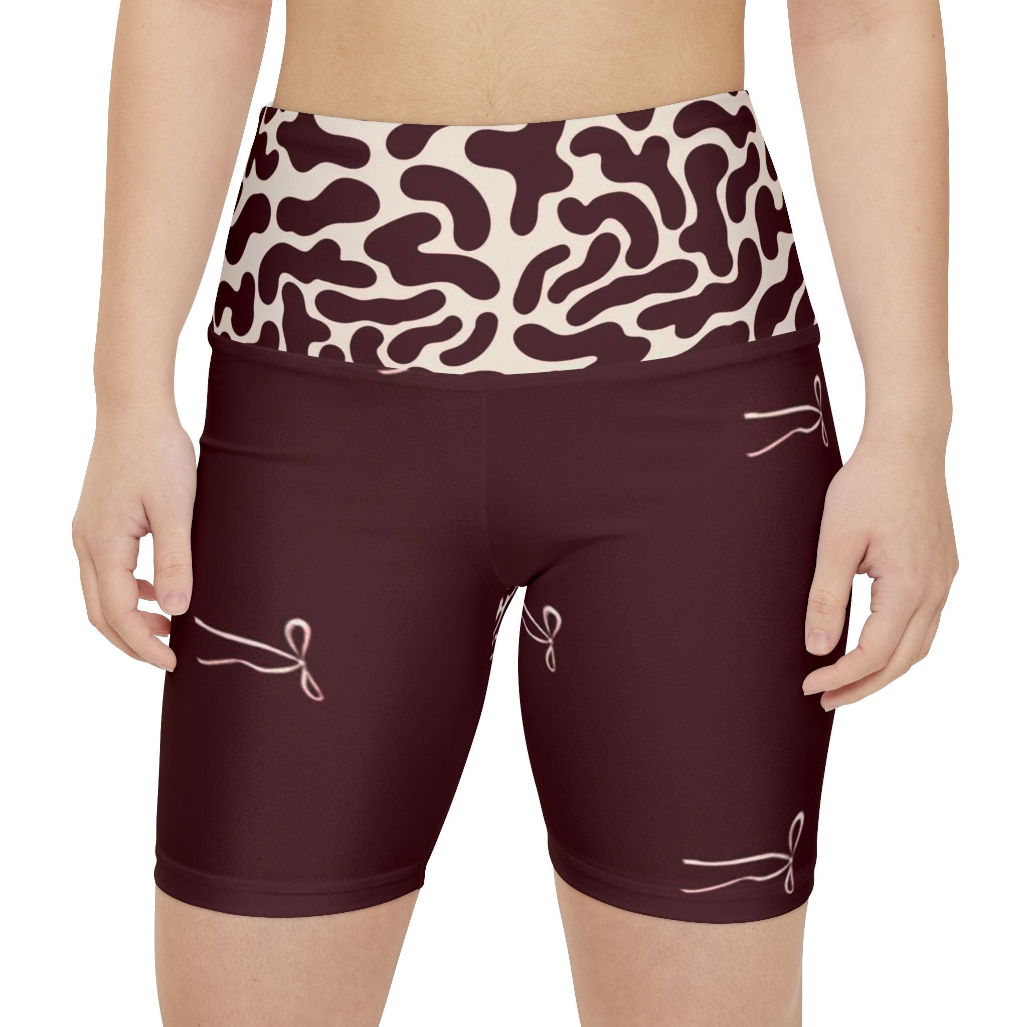 Maroon Cow Print Waistband Women's Workout Shorts — Subtle Bow Accent Activewear