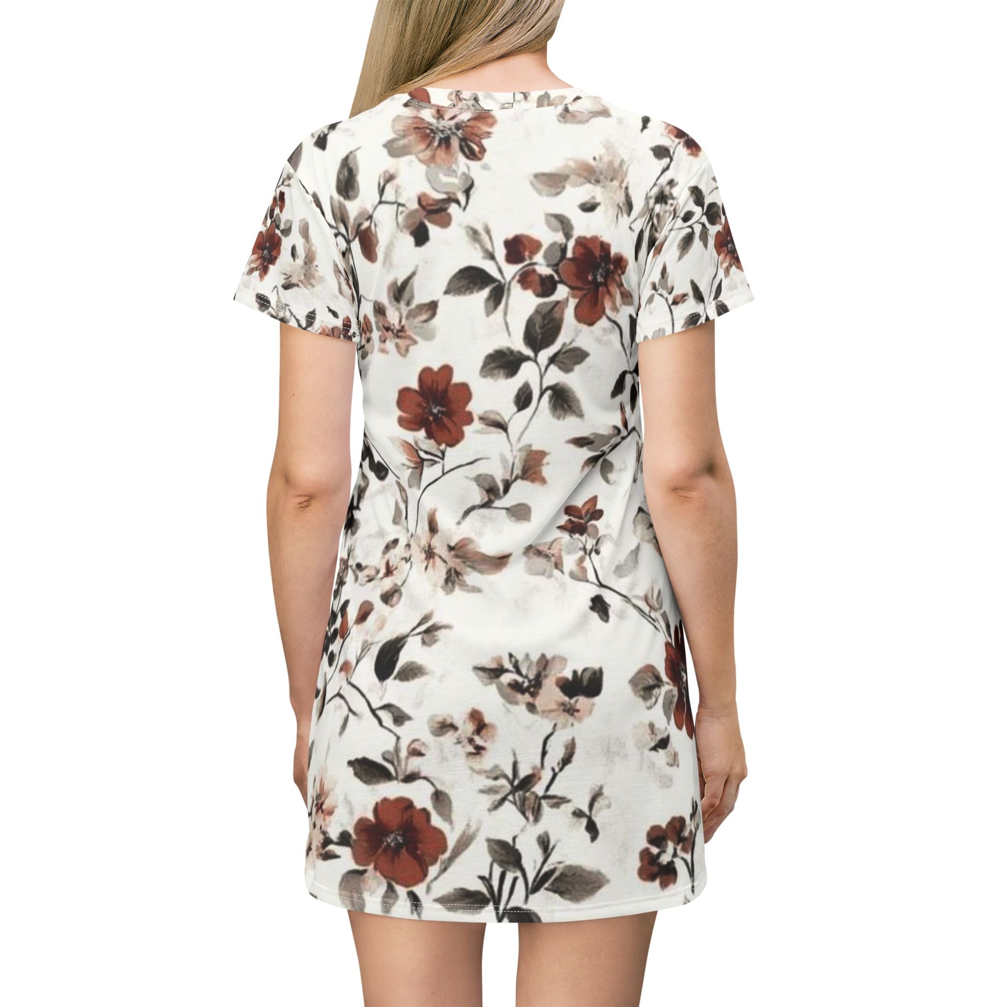 Floral T-Shirt Dress — Vintage Rust Blossom All-Over Print