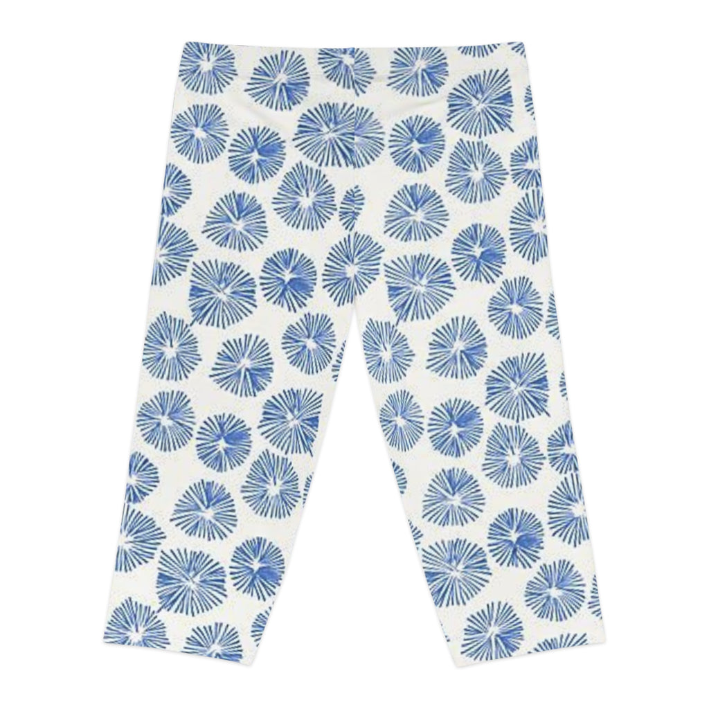 Blue Watercolor Floral Capri Leggings