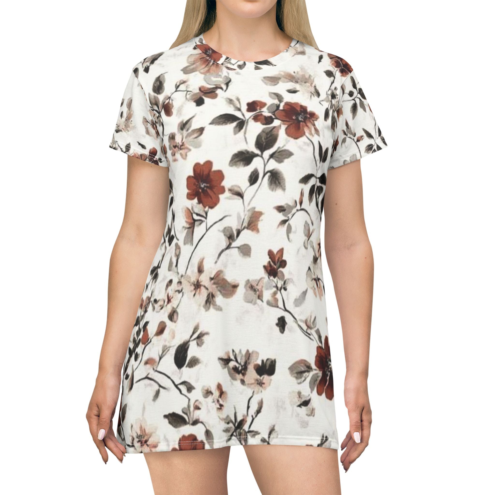 Floral T-Shirt Dress — Vintage Rust Blossom All-Over Print