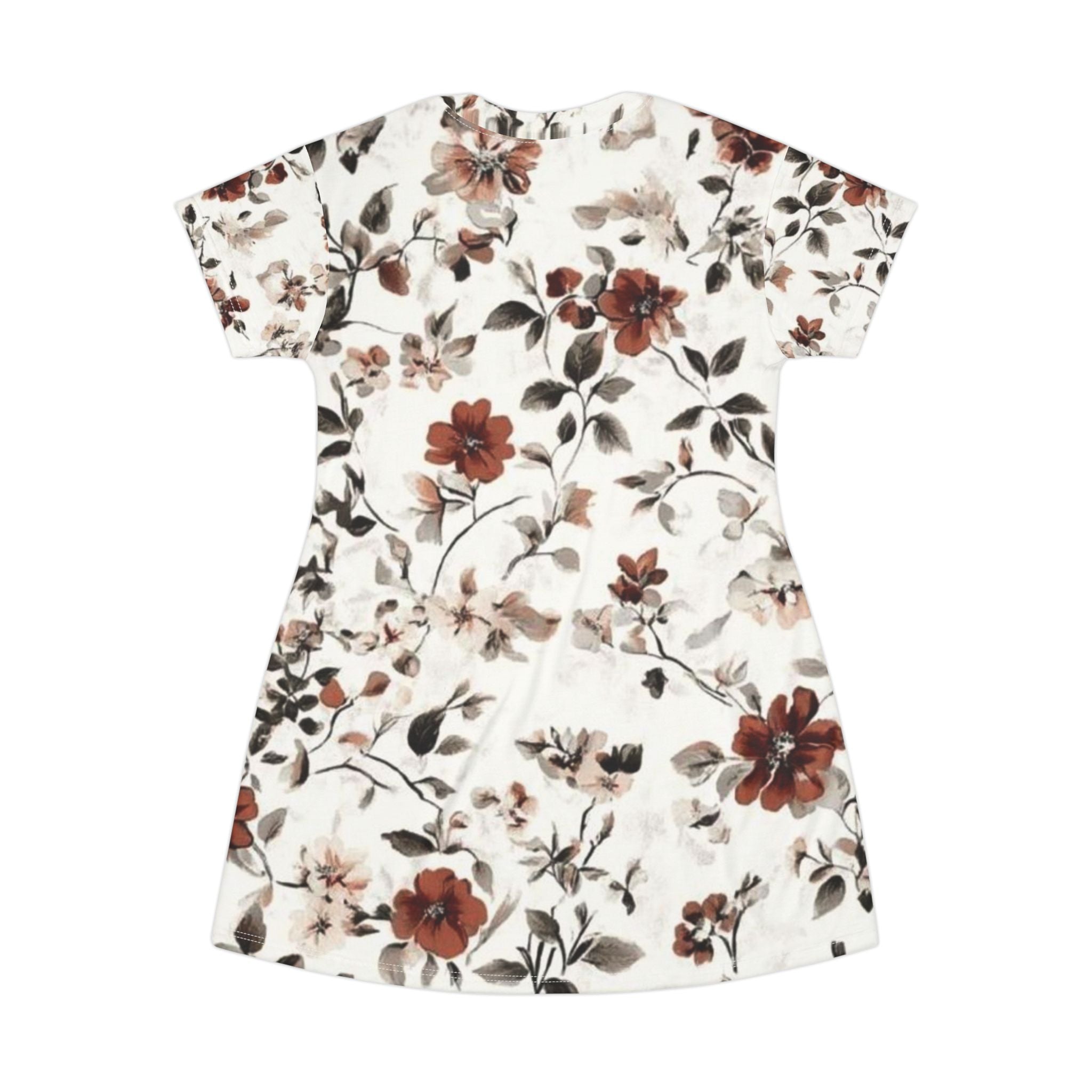 Floral T-Shirt Dress — Vintage Rust Blossom All-Over Print