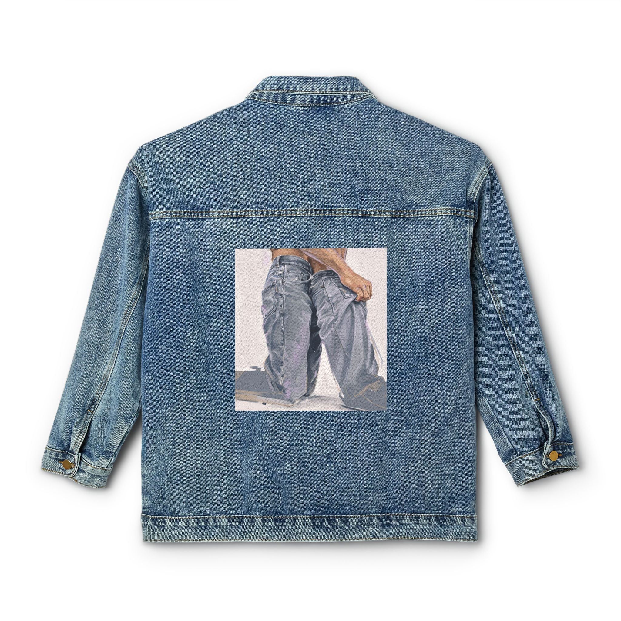 Women's Denim Jacket with Retro Ripped Jeans Back Print - Casual Vintage Streetwear